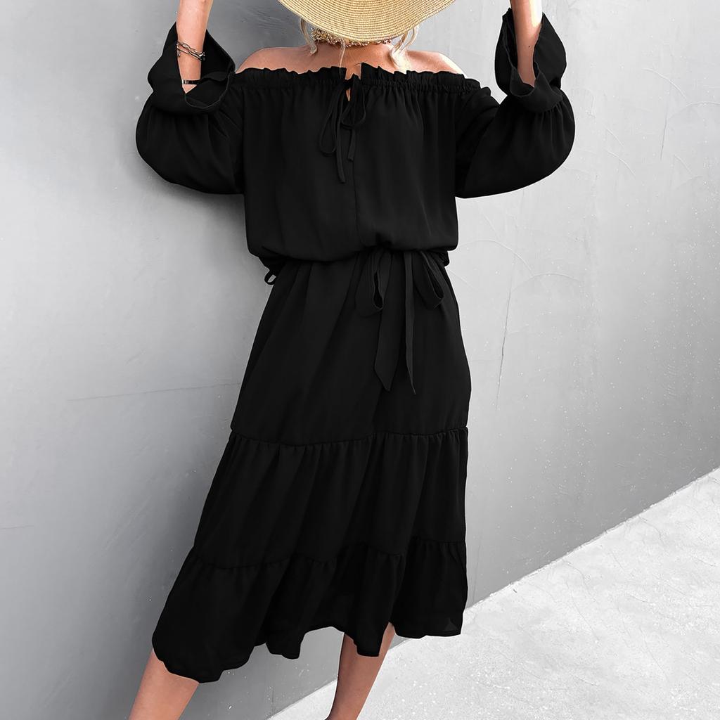 Women's Sexy Off Shoulder Lace-Up Long Sleeve Dress Midi Dress