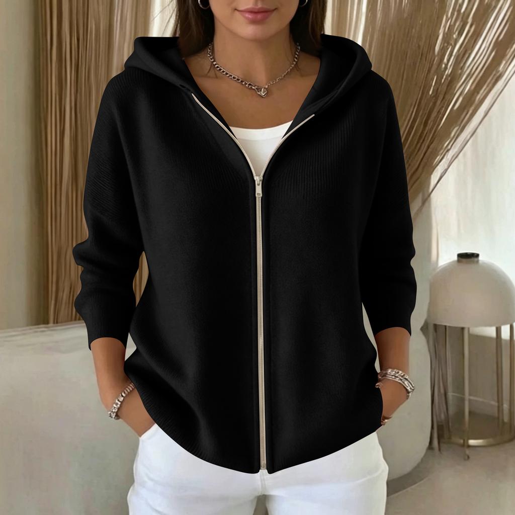 Women's Color Long Sleeve Hooded Zip Up Cardigan Sweater for Casual Daily Wear