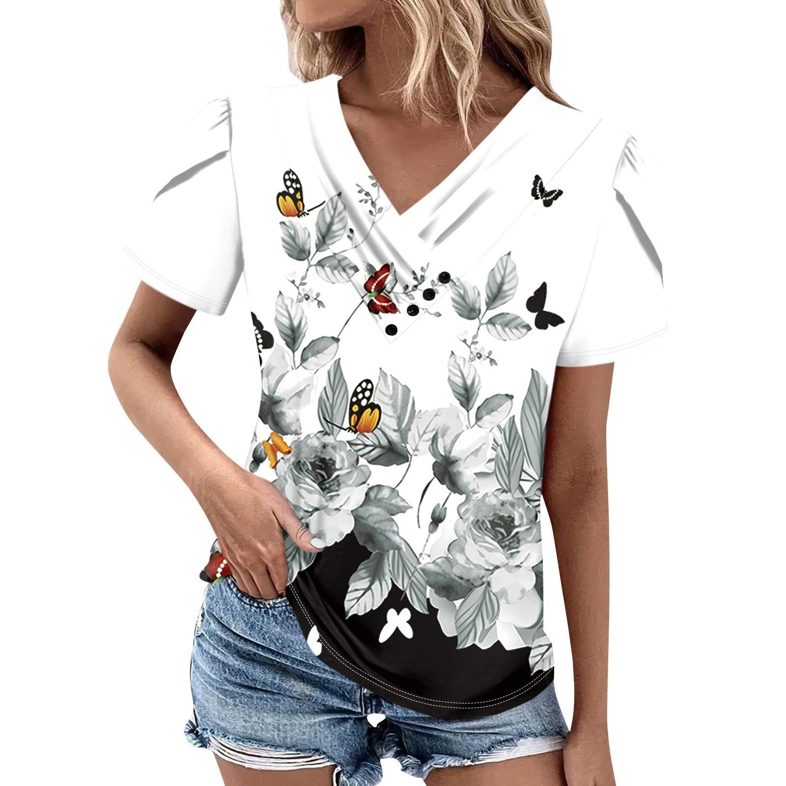 

Женская футболка, повседневная футболка с v-образным вырезом и короткими рукавами, однотонный топ на пуговицах M белый