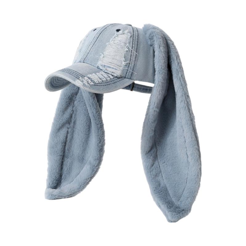 Long Rabbit Ears Adjustable Snapbacks Cap for Women Teens Winter Autumn Distressed Dad Hat Daily Fashion Accessories