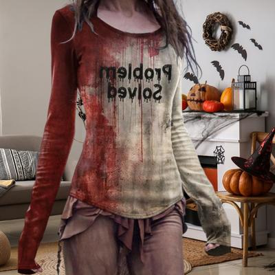 Yousheng Halloween Damen T-Shirt Rundhals Langarm Horror Shirt Blut Print Sweatshirt Halloween Leichte Slim Fit Sport Tops