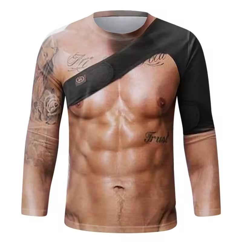 Funny Fake Muscle Graphic T Shirt Men's Long Sleeve T-Shirt Sports 3D Printed Tshirt Casual Spring Running Tees Tops
