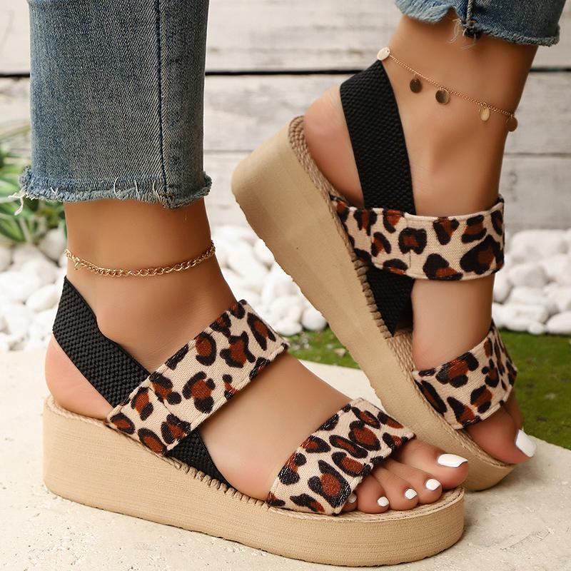Fashion Summer Leopard Open Toe Sandals for Women Fashion Back Strap Med Heel Sandal Woman 2025 Thick Platform Wedge Sandals Female