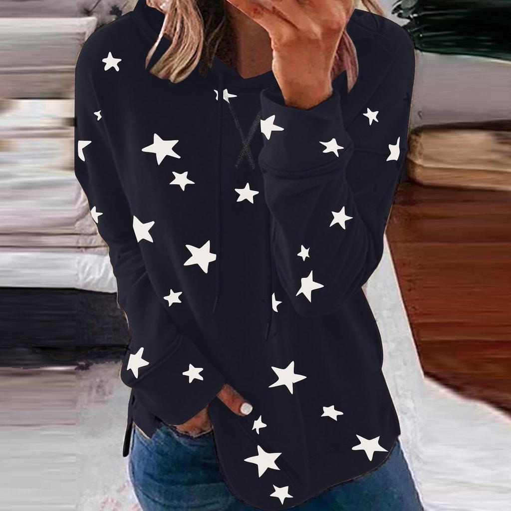 Women Fashion Hooded Star Print Patchwork Long Sleeves Tops Blouse Sweatshirt