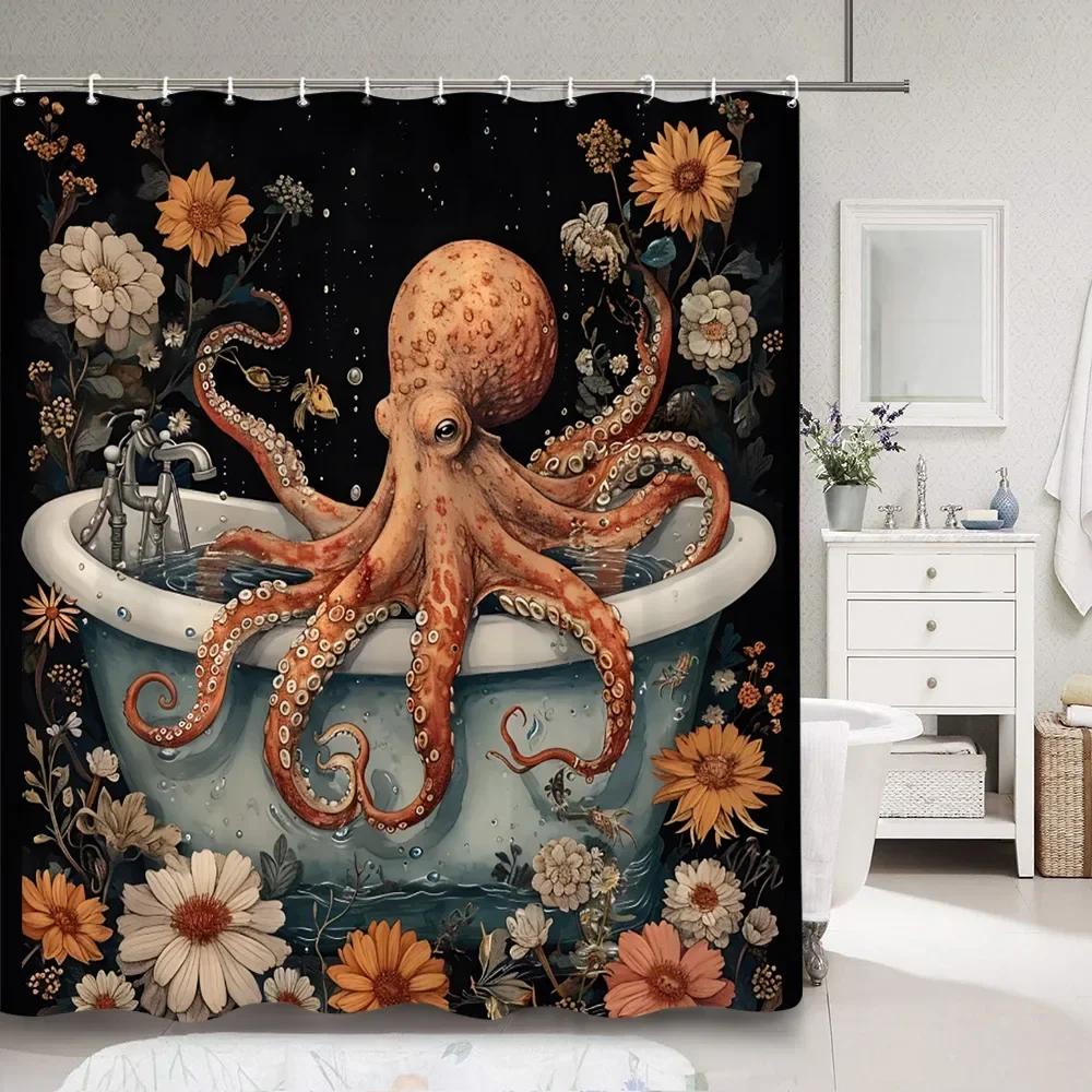 Horror Sea Monster Octopus Shower Curtain Dark Sailboat Ocean Vintage Pirate Ship Wave Polyester Shower Curtains Bathroom Decor