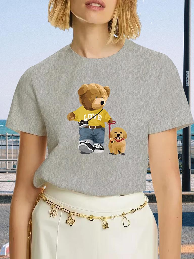 Summer and Spring Women's Short Sleeved Round Neck Casual Top T-shirt with Teddy Bear Pattern Women Clothing Y2K Top Harajuku