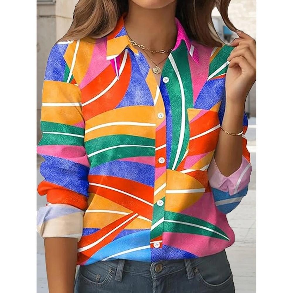 2025 Women's Shirts Geometric Graphics Blouse Spring Autumn Lapel Neck Blouse Tops Office Ladies Long Sleeve Shirt Women Clothes