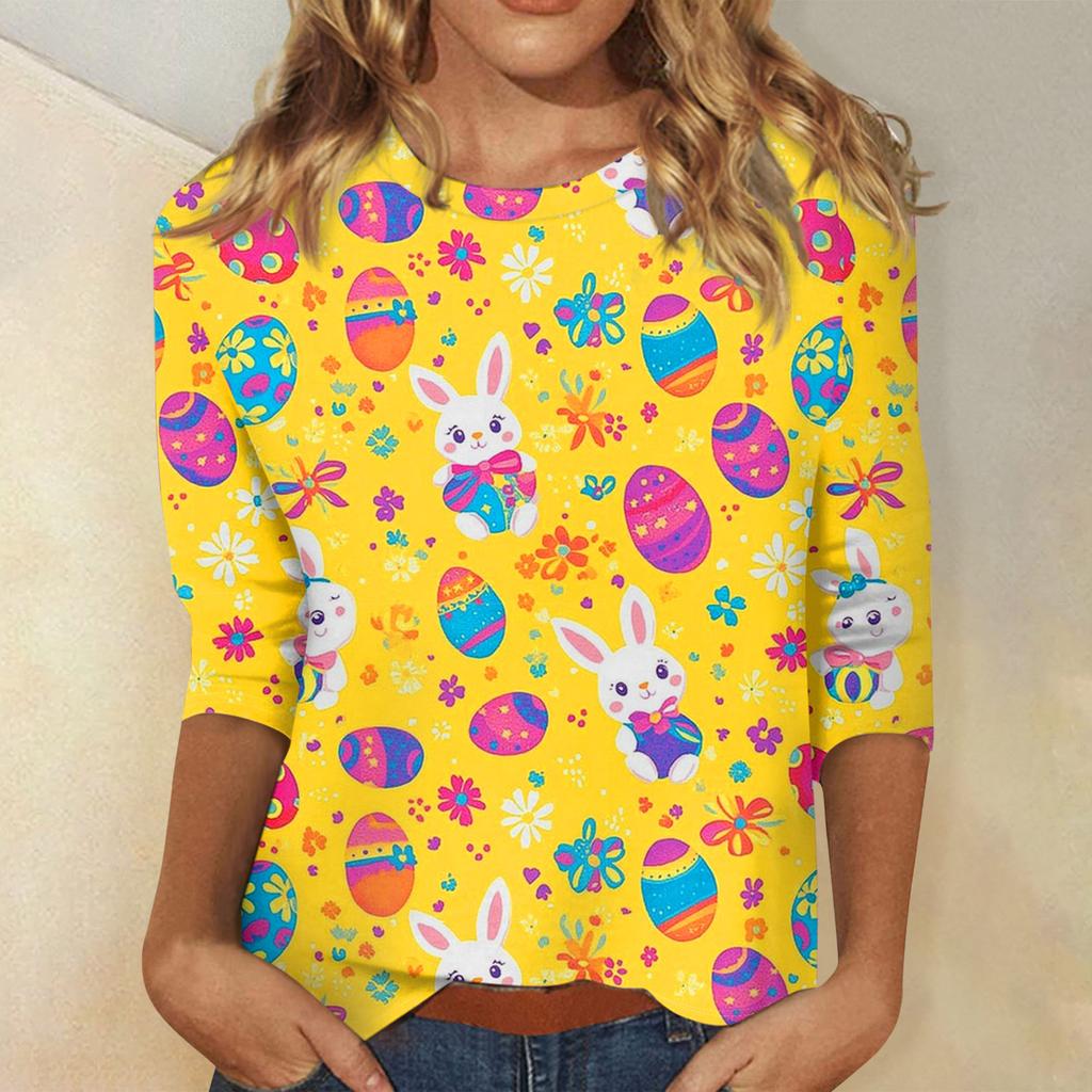 Camisa de Pascua para Mujer de Manga Tres Cuartos Cuello Redondo Corte Holgado Camisa Casual