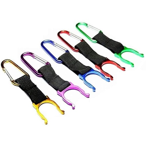 Audiophile Water Bottle Holder, 5-Piece Set (1 of Each Color), with Carabiner, Aluminum and Nylon Strap, Water Bottle Carrying Hooks (Red, Yellow, Pur