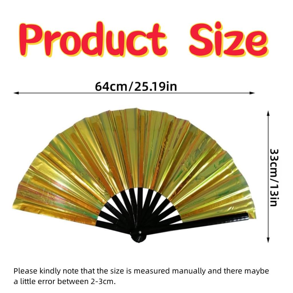 Getrays Glitter Big Hold a Fan with Holographic Metal for Chinese Kung Fu Tai Chi Hand Fan for Party Plastic Flash Hand Fan for Weddings and Birthdays