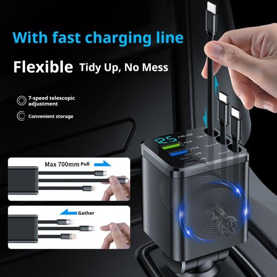 7-in-1 Retractable Car Charger Fast Charging Car Adapter with Digital Display 2 USB Ports 2 Type-C Ports 3 Cables Power Supply for Multiple Devices