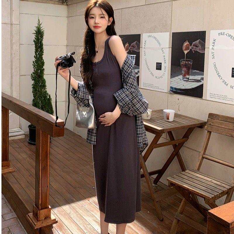 

2026 Chic Maternity Two-Piece: Loose Shirt & Vest Dress Set for Spring/Autumn XL suitable for 65-75 kg