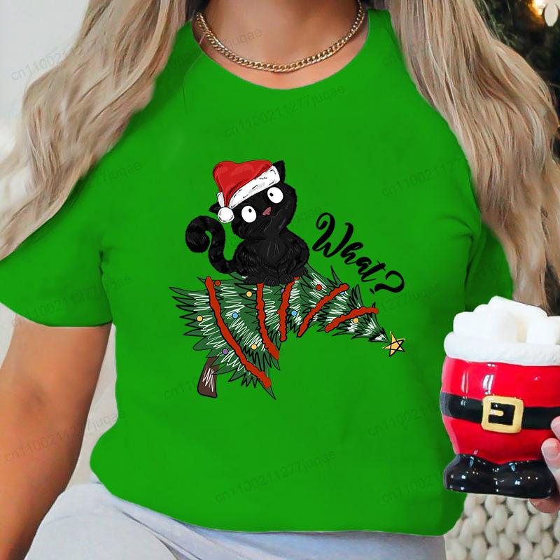 T Shirt for Women Christmas Black Cat Print T-shirt Girl Short Sleeve Crew Neck Casual Top for Xmas Party Women's Shirt Clothing