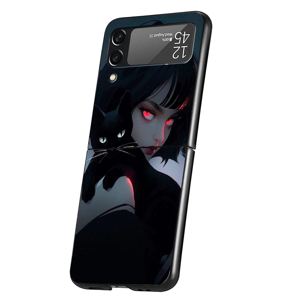 Anime Girls Cute Black Cat Cover Phone Case For Samsung Galaxy Z Flip 7 6 5 4 3 5G Flip7 Flip6 Flip5 Flip4 Flip3 Black Fundas Sh
