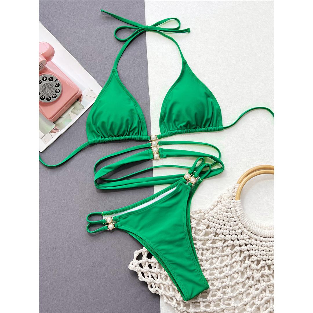 

Женский бикини с лямкой на шее и жемчугом, женский купальник, женский купальник, комплект бикини из двух частей, купальный костюм для плавания L зелёный