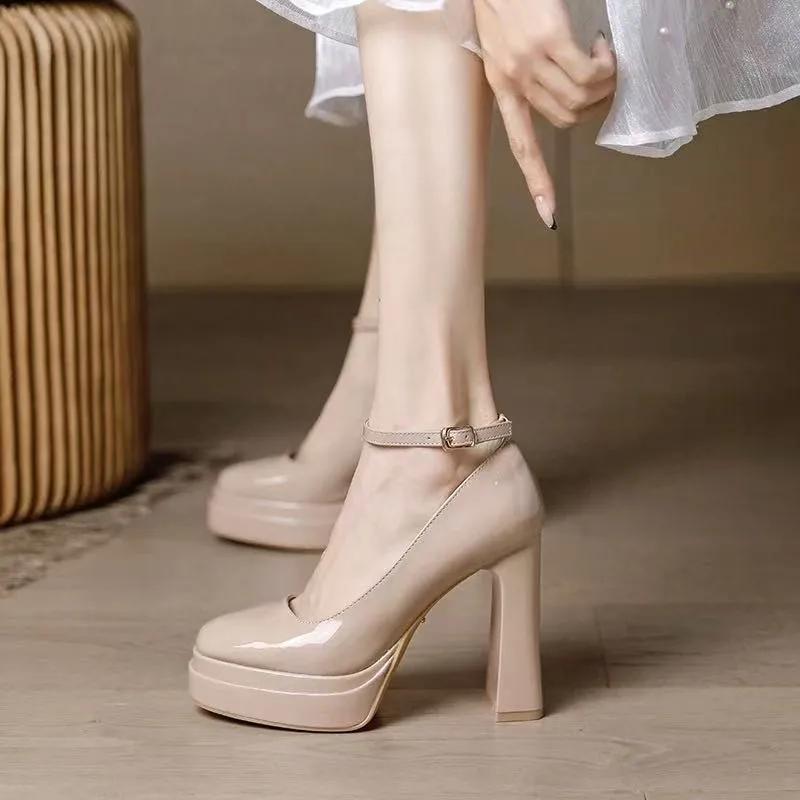 Fashion New Summer Buckle Banquet Shoes Women's Square Toe Shallow Mouth Platform Non-slip Super High Heel Single Shoes