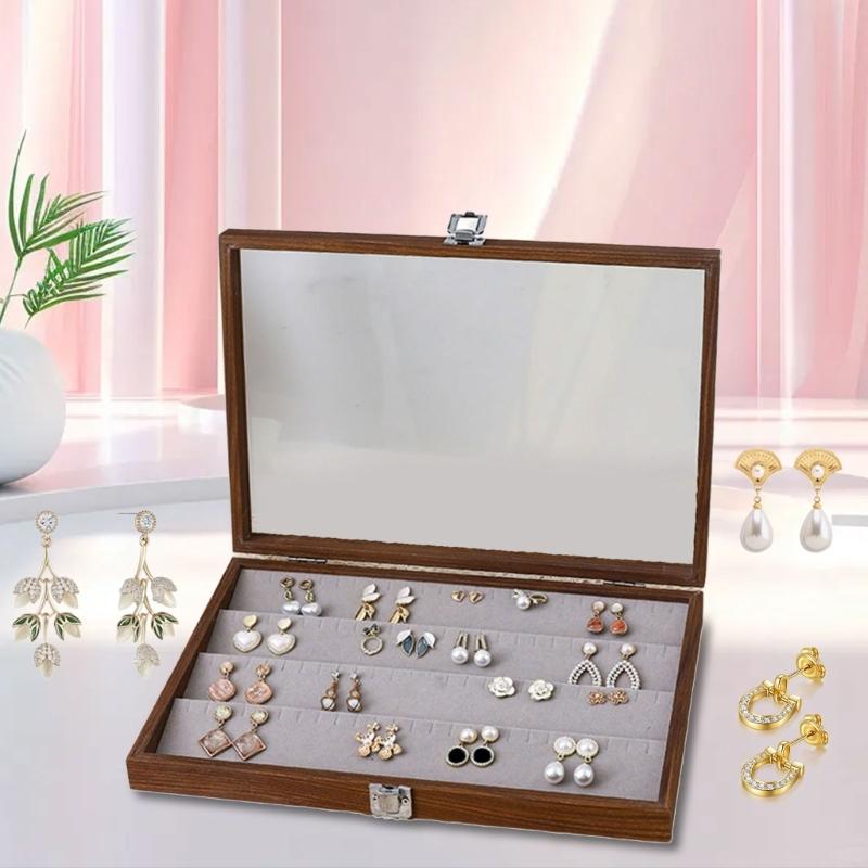 Chic Wood Earring Holder with Lid Wood Jewelry Collection Box with Partitions and Lid Elegant Presentation Tray