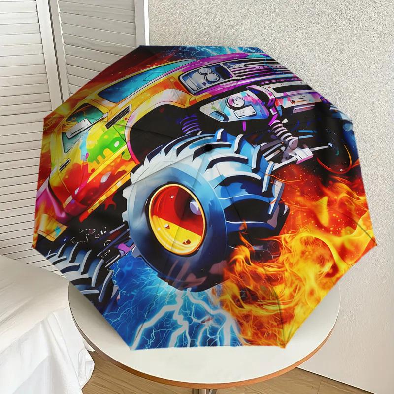 1pc Monster Truck Fire Pattern Umbrella Design Automatic Opening and Closing Umbrella, High-quality Travel Umbrella,  c1128244