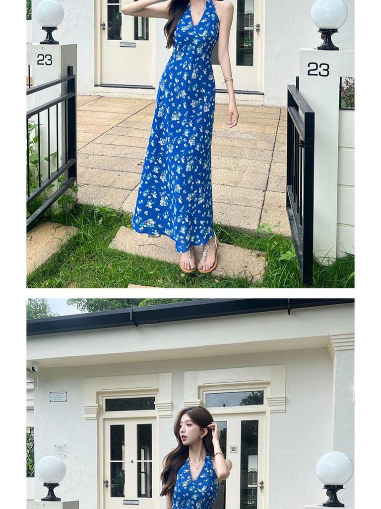 French Blue Floral Halter Maxi Dress for Women - Summer 2026 Petite Elegant Cinched-Waist Long Dress