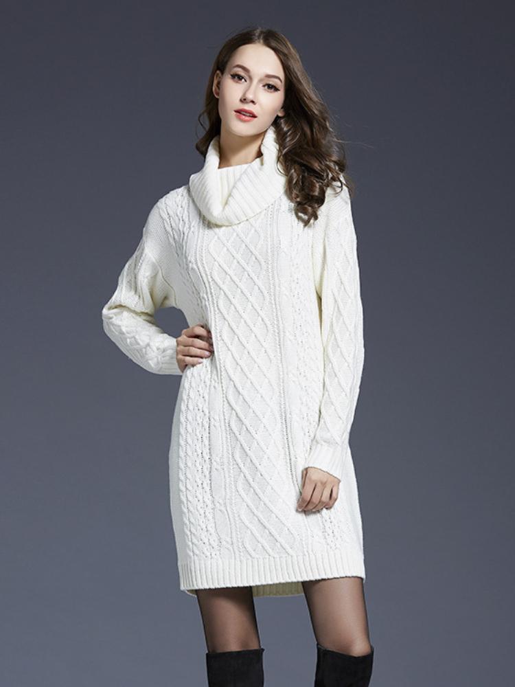

Autumn and winter plus size women s knitted sweater dress long high neck sweater for women M білий