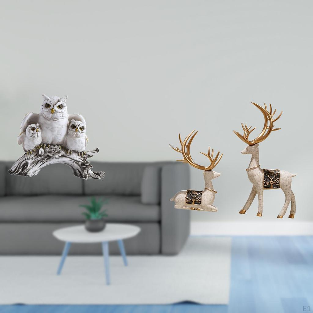 Owl And Deer Figurines Sculpture Set Tabletop Ornament for Living Room Office Cabinet Decor