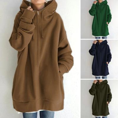 Fall Winter Hooded Jacket Zipper Closure Deawstring Hoodie Long Sleeves Loose Solid Color