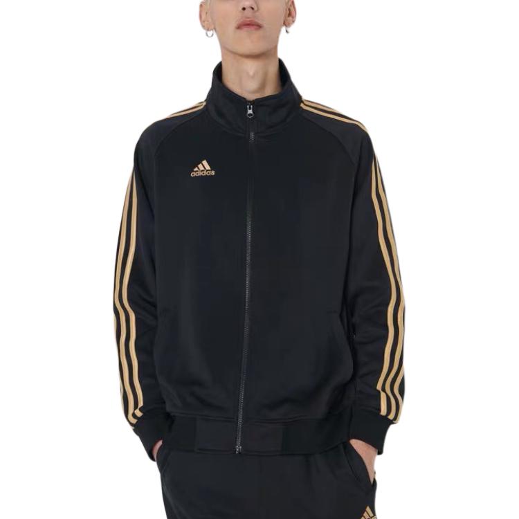Adidas Třípruhová barevně blokovaná bunda se zipovým límcem a kalhoty s rovnými nohavicemi ležérní sportovní set pánský set černo-zlatý TR30J1-BG+TR30P-BG