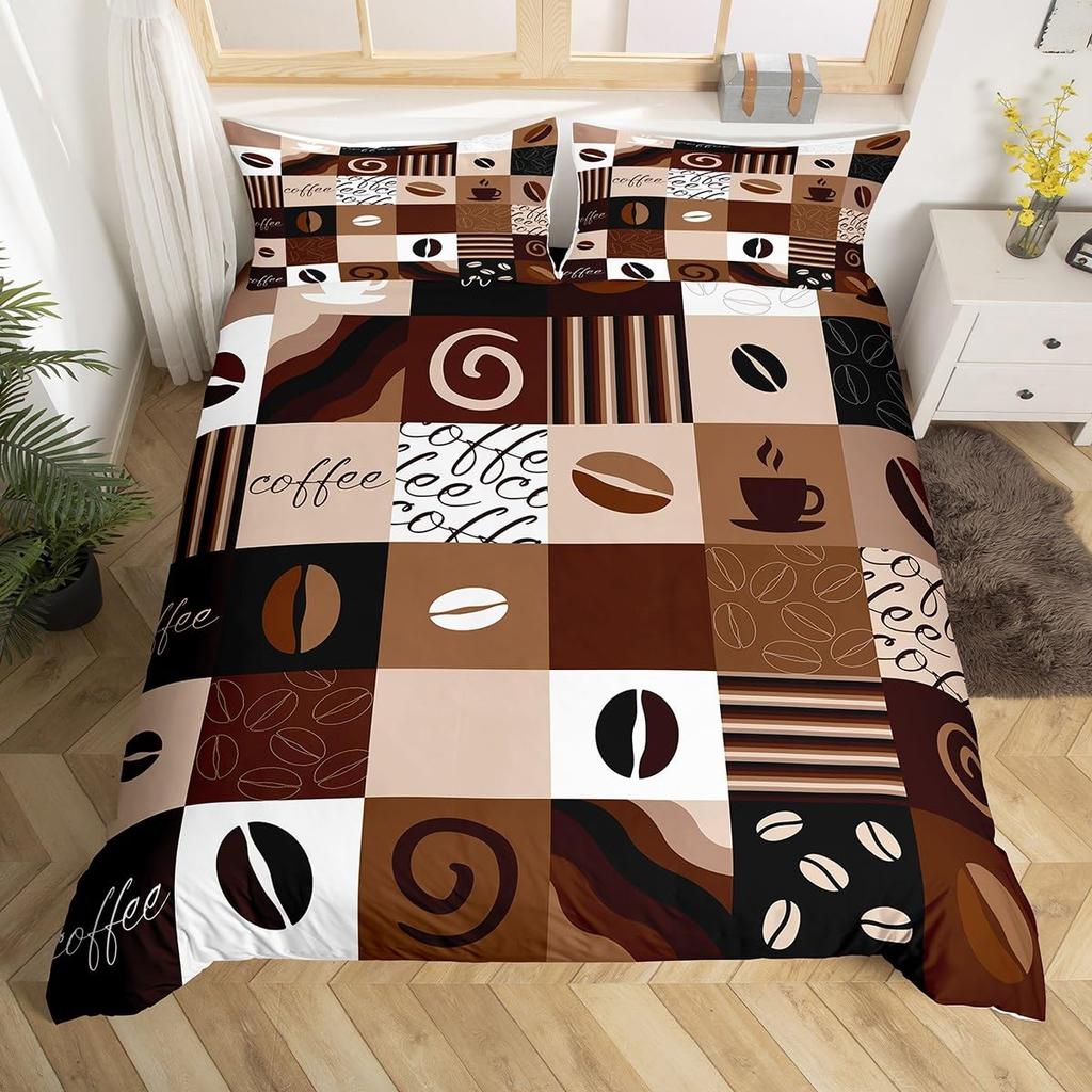 Coffee Duvet Cover Queen King Cartoon Coffee Drink Cup Print Bedding Set Coffee Lover Comforter Cover Modern Brown Quilt Cover