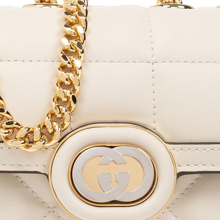 Gucci GG Marmont White Quilted Leather Chain Bag,G Hardware Gold Strap, Women's Flap Closure Crossbody Handbag for Daily Party 741457-AAB1Q-9022