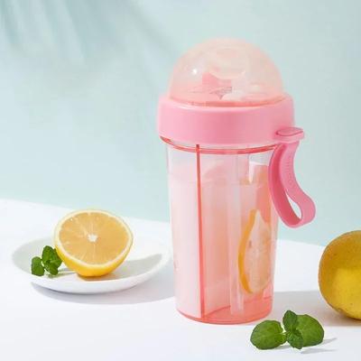 420/600ml Double Drinking Bottle Cute Girl Student Outdoor Double Straw Cup with Handle Portable Plastic Water Bottle