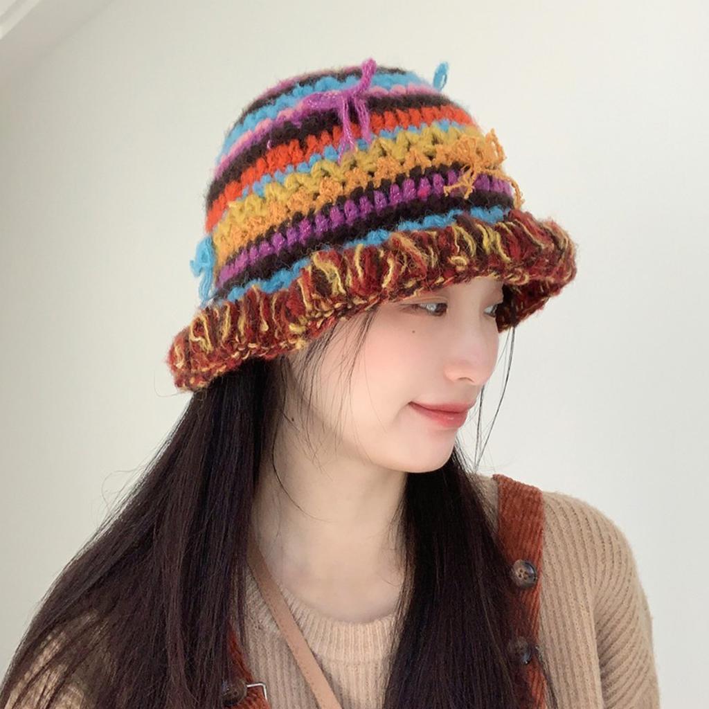 Korean Handcrochet Vintage Rainbow Striped Bucket Hat Women Cute 3D Bowknot Warm Faux Wool Knitted Beanies Fishing Cap