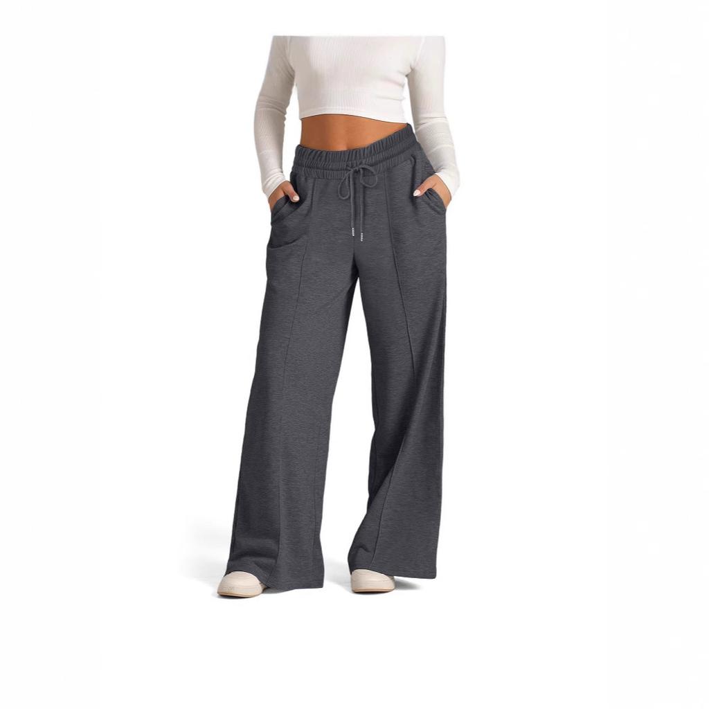 Women's Mid Rise Drawstring Wide Leg Pants Loose Fit Solid Color Casual Trousers