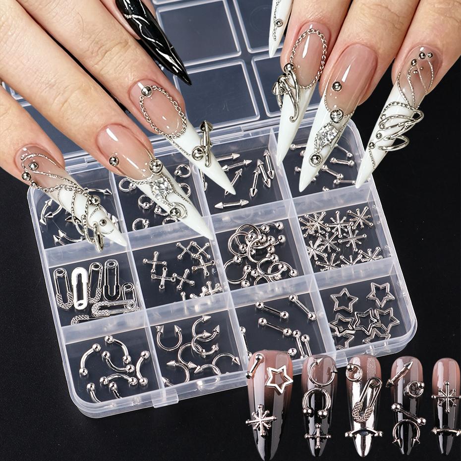 Xiaomi 12 Grids Punk Metal Nail Charms Multi‑style Silvery Gothic Star Snowflake Pins Punched Rivet Y2K Nails Decoration Nail Supplies