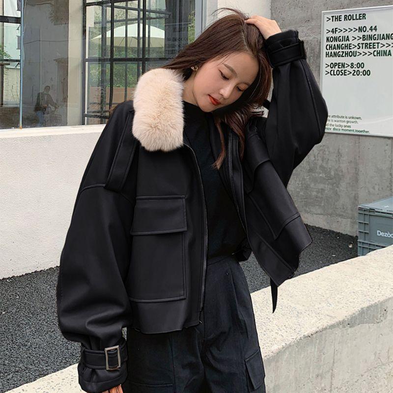 Zimní kožená parka s fleecovou podšívkou pro ženy Korejská volná krátká bunda Teplý svrchní oděv