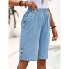 women's Elastic High Waist Button Detail Linen Blend Knee Length Shorts Casual Straight Leg Bermuda Pants