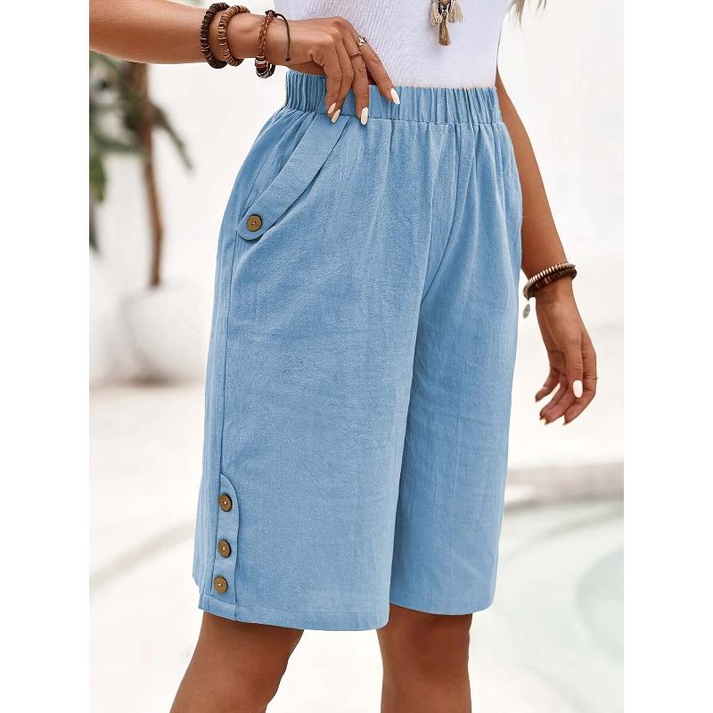 

women s Elastic High Waist Button Detail Linen Blend Knee Length Shorts Casual Straight Leg Bermuda Pants 3XL