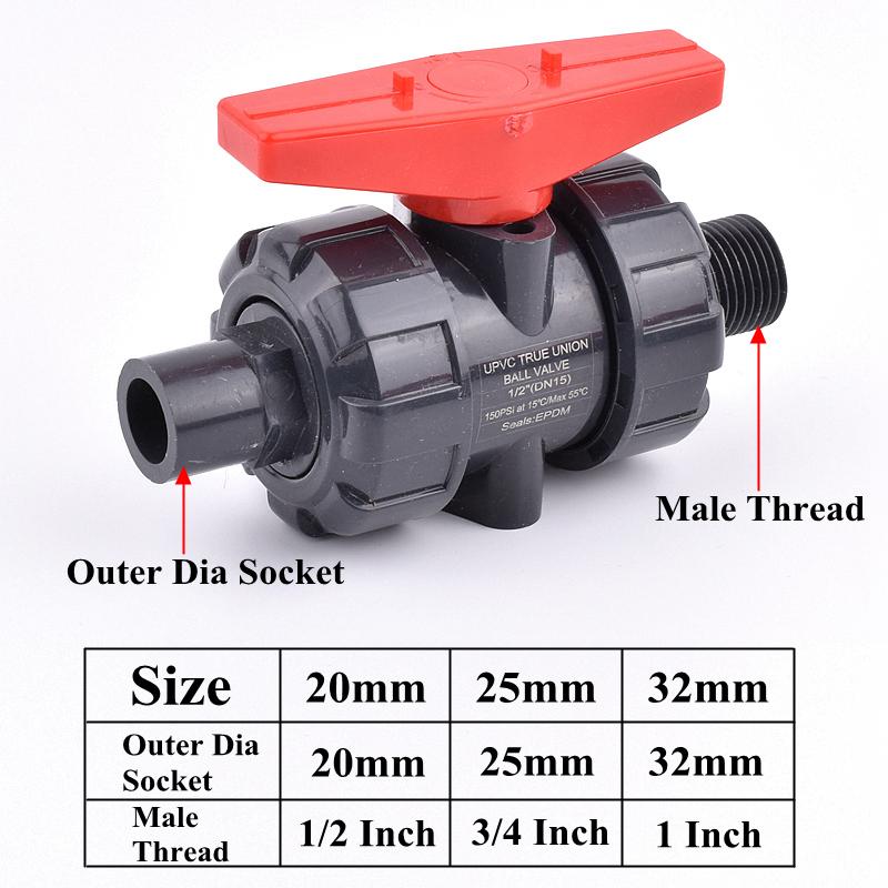 Grey 1/2 Inch~1 Inch Female Male Thread Union Ball Valve Garden Irrigation 20mm~32mm PVC Pipe Socket Water Control Valve