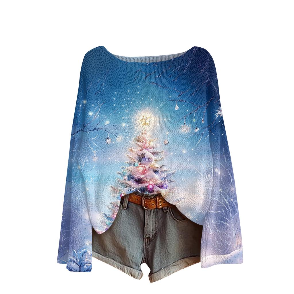 Ladies' Fashionable Casual Long Sleeved Christmas Printed Round Neck Knitted Yarn