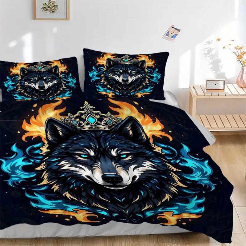 3pcs Flame Crowned Wolf Quilt Cover Set (1 Quilt Cover + 2 Pillowcases Without Pillow Core), High-Definition Printing for Home and Dormitory.J048