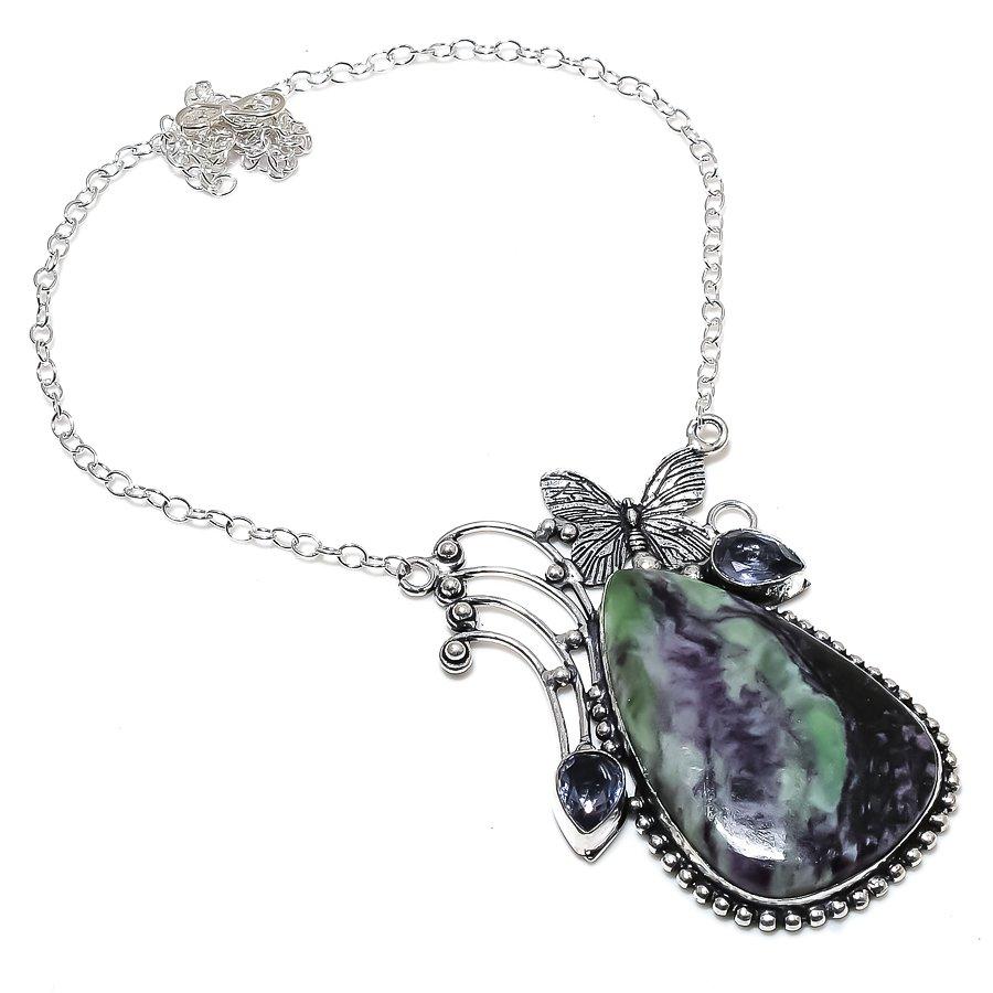 Natural Kemmererite, Iolite Gemstone 925 Sterling Silver Necklace 18" r0I60