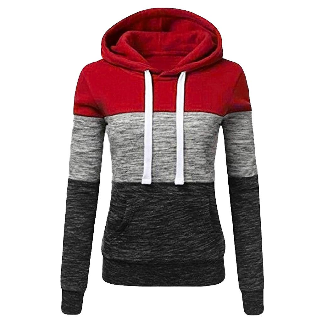 Fashion Womens Casual Hoodies Sweatshirt Patchwork Ladies Hooded Blouse Pullover