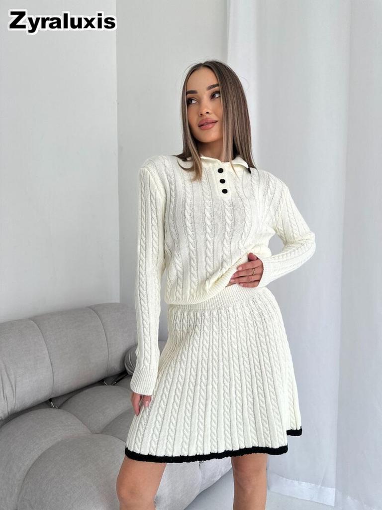 New Style Casual Dress Set Long Sleeve Knit Buttoned Sweater Short Skirt Two Piece Outfit for Women