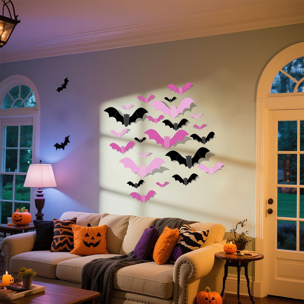 Pinks Bats For Wall Halloween 3D Bats Blush And Black DIY Wall Decal Bathroom Indoor Cute Pastels Halloween, PVC Door Bats Stickers For Home (48pcs)