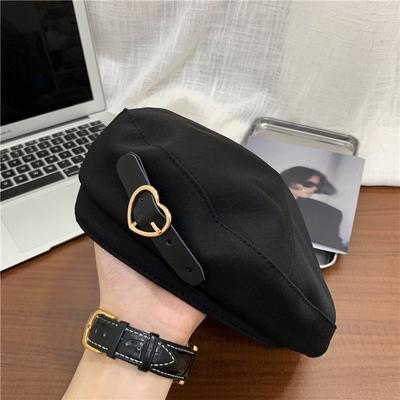 Metal Love Heart Buckle Black Berets Autumn Winter Warm Hip Hop Hats Vintage Elegant Women Girls Decorative Cap