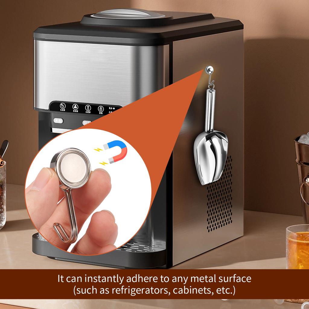 2Pcs Stainless Steel Ice Scoop for Freezer with 2 Magnetic Hooks Multipurpose Ice Scooper for Kitchen Bar Party Accessories