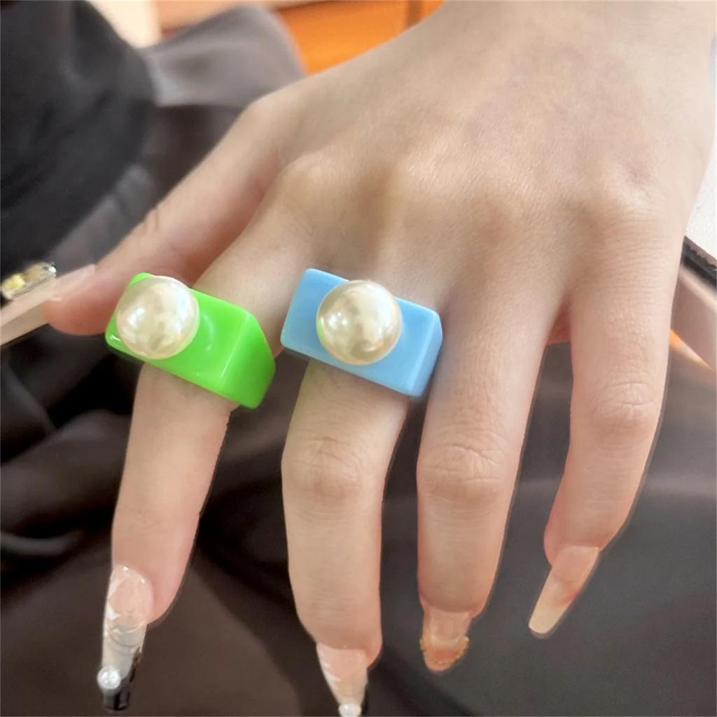 New Punk Ring Gold Color Bead Transparent Resin Acrylic Square Rings For Women Party Friends Gift Trendy Jewelry Hip Hop Rings