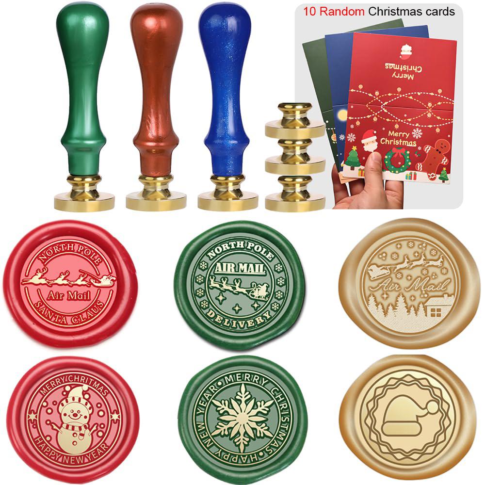 

Merry Christmas Wax Seal Stamp Kit, 6pcs Christmas Sealing Wax Stamp Brass Head with 3pcs Handle, 10pcs Random Christmas Cards