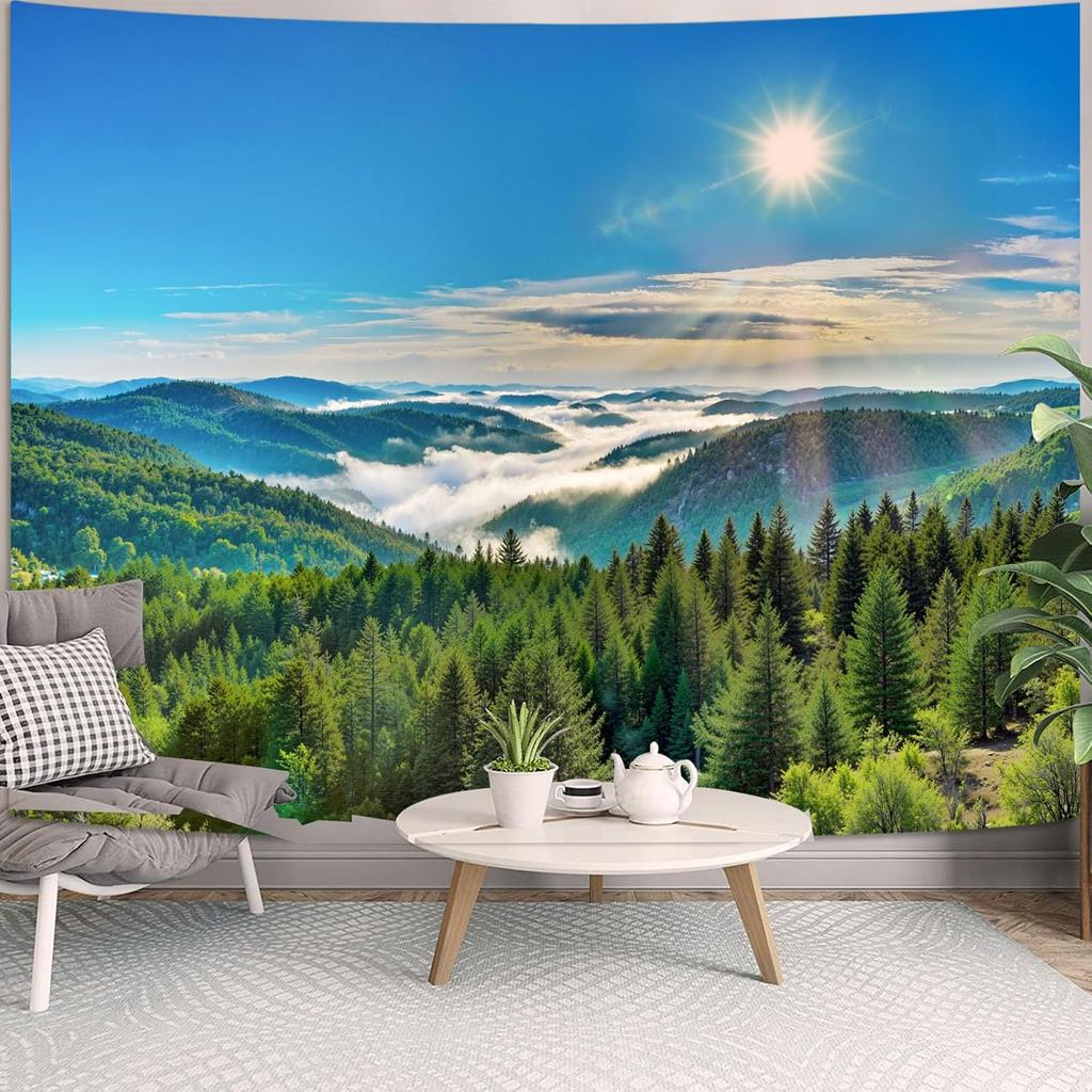 Nature Forest Mountain Tapestry Green Pine Tree Sunshine Jungle Tapestry for Bedroom Aesthetic Plant Mountain Landscape