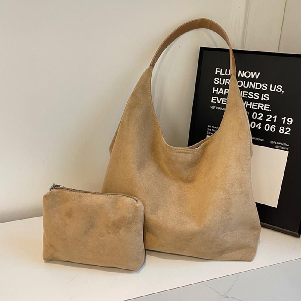 Women Suede Shoulder Bag Retro Single Shoulder Bag Solid Color Simple Tote Handbag Vintage Hobo Bag Outdoor Travel Bag
