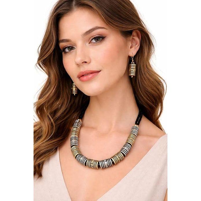 Oxidised Dual Tone Beaded Necklace Set with Earrings